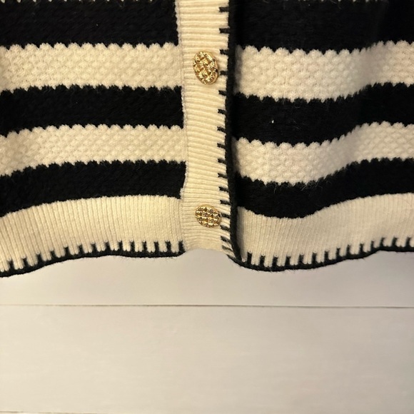 Black & White striped gold button down cable knit soft quiet luxury cardigan L - Picture 9 of 14
